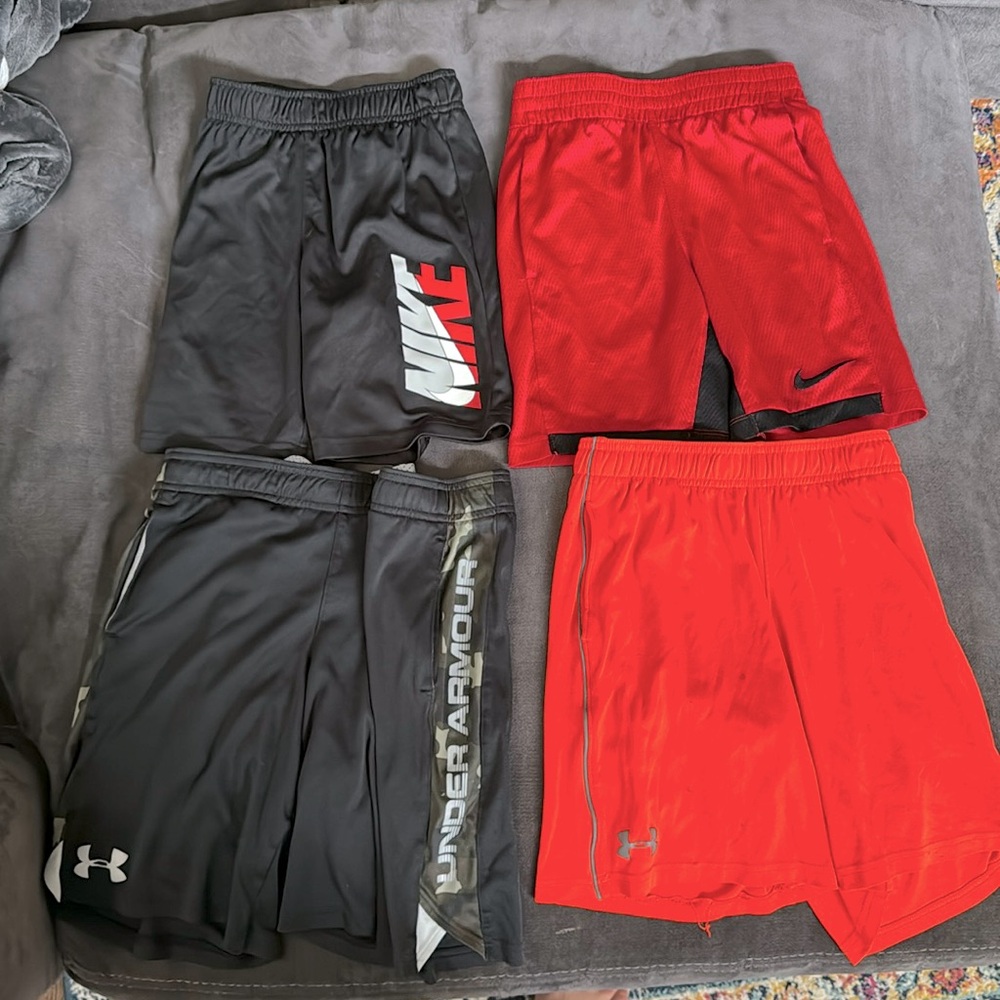 Boys athletic shorts YS youth small bundle.  2-Nike and 2-Under Armour